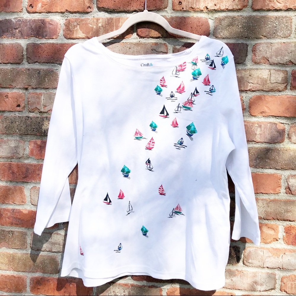 🦋 White Embellished 3/4 Sleeve Top Sail Boats